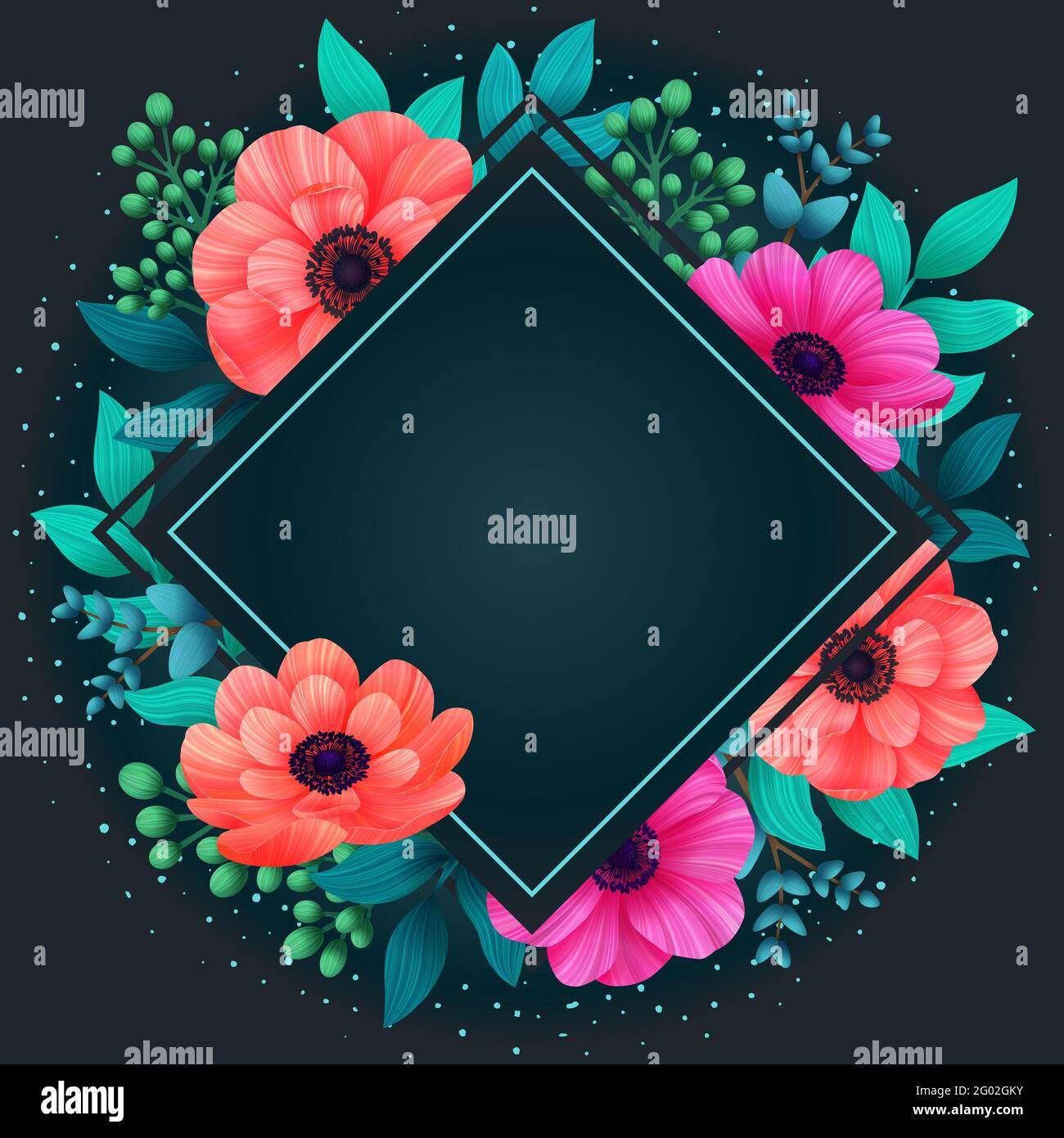 Blumenrahmen. Tropische Blumen trendige Vorlage. Design mit schönen Neon-Blumen und Palmblätter mit Kopieplatz auf dunklem Hintergrund. Digital illustrr Stockfoto