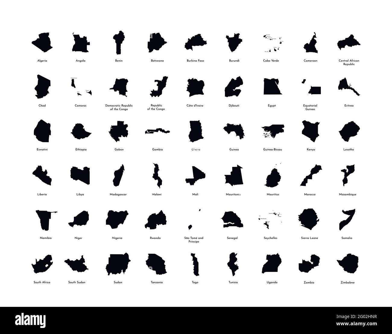 Vektorgrafik-Set mit vereinfachten Karten aller vollständig anerkannten afrikanischen Staaten. Schwarze Silhouetten, weißer Hintergrund. Stock Vektor