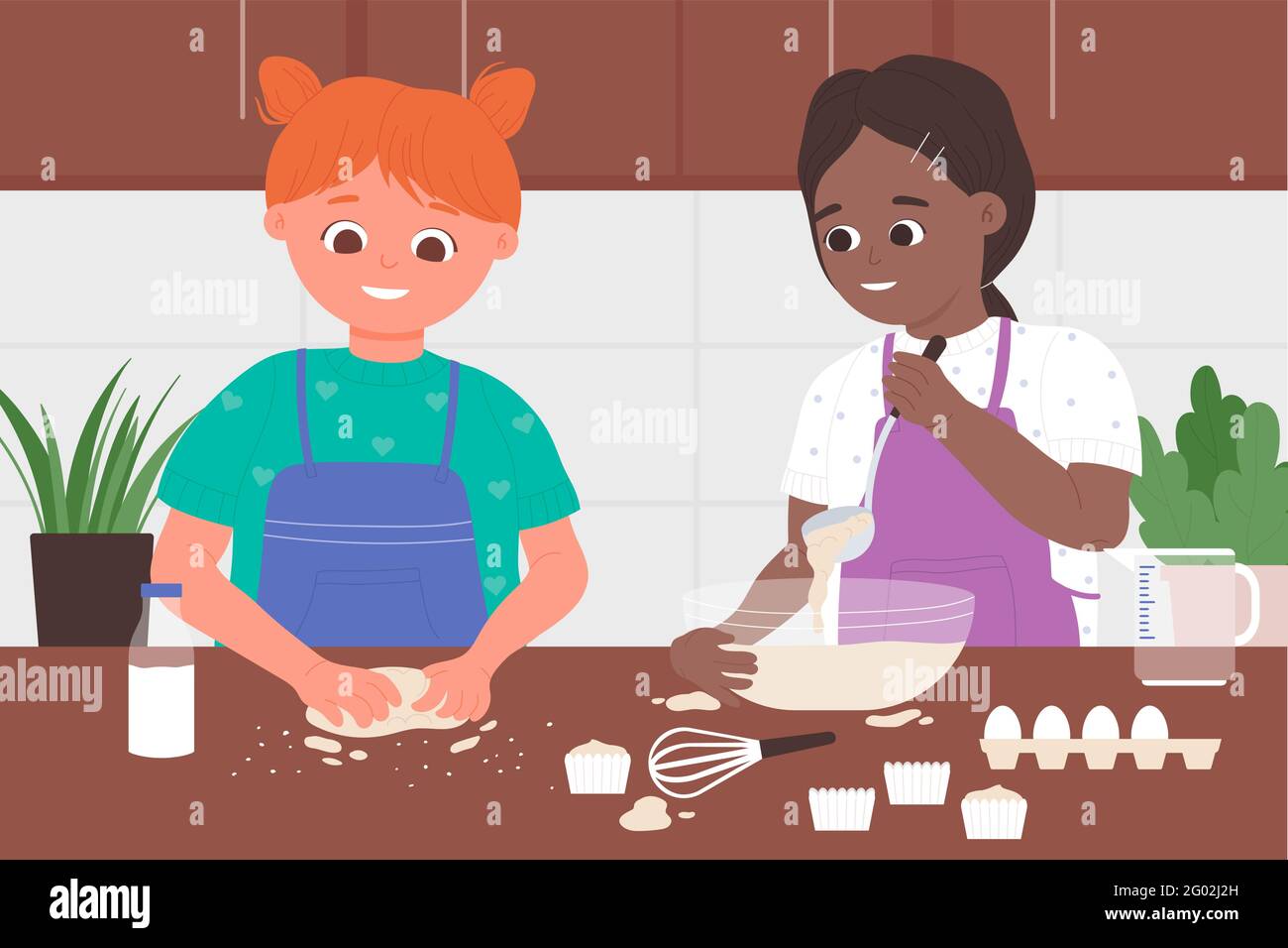 Kind Chef Bäcker Beruf, Kinder kochen zusammen in der Küche Vektor-Illustration. Cartoon glücklich niedlichen Mädchen Kind Zeichen in Schürzen backen köstliche Cupcakes Dessert, stehen am Tisch Hintergrund Stock Vektor