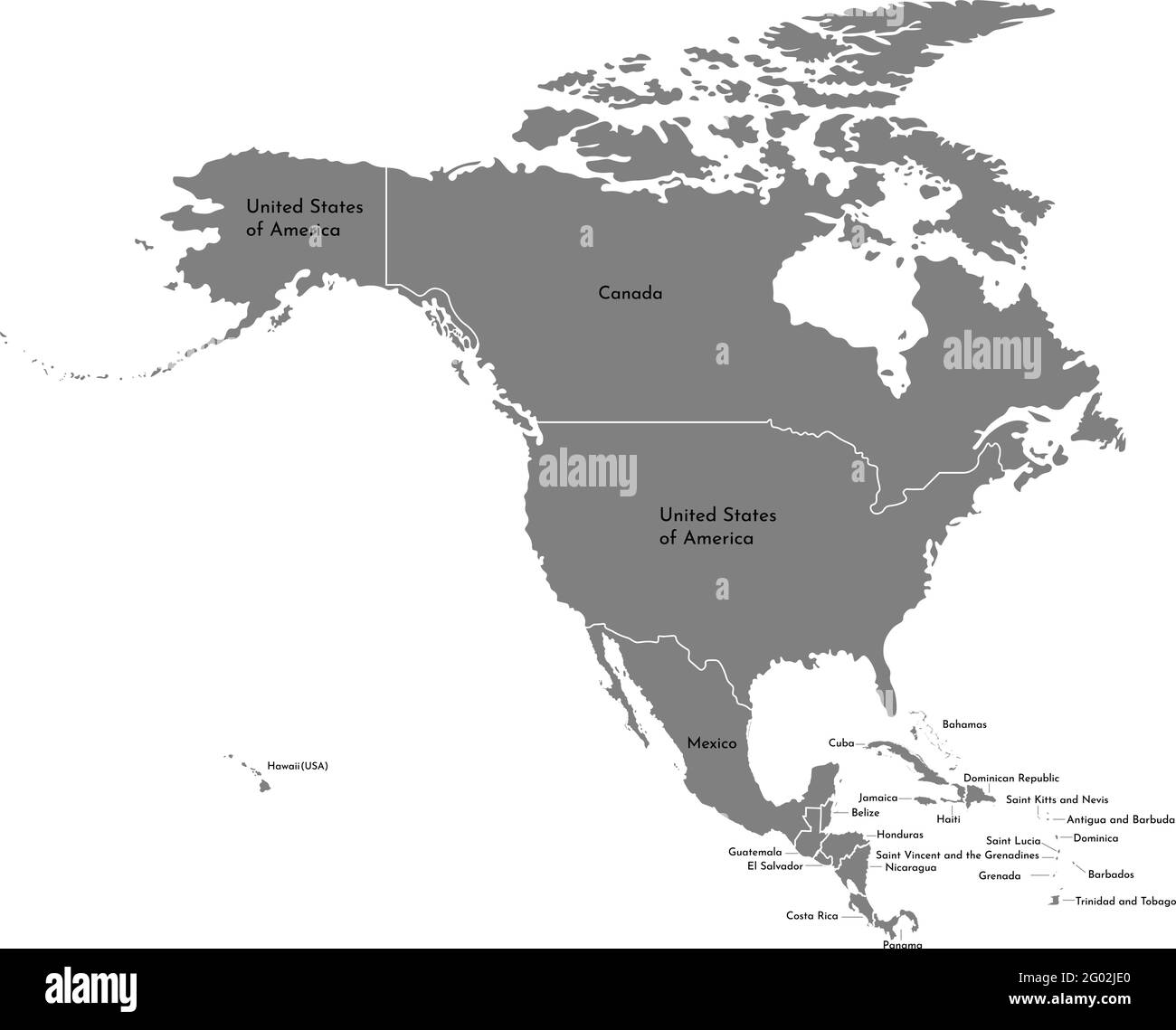 Vektorgrafik mit vereinfachter Karte des nordamerikanischen Kontinents mit Landesgrenze (Länder: USA, Mexiko, Bahamas, Kanada, Costa Rica, Kuba und Stock Vektor