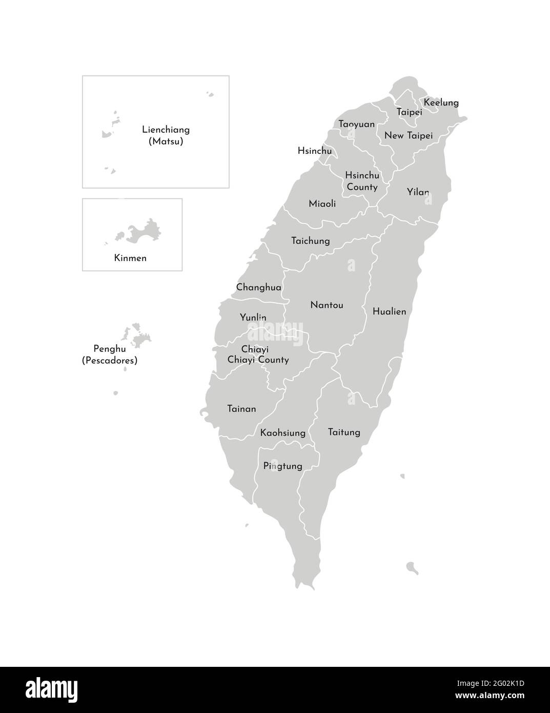 Vektor isolierte Illustration der vereinfachten Verwaltungskarte von Taiwan, Republik China (ROC). Grenzen und Namen der Provinzen (Regionen). Grau s Stock Vektor