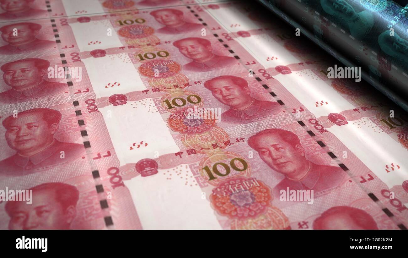 Chinesische Yuan Geld drucken 3d-Illustration. RMB-Banknotenbündelstapel. Konzept von Finanzen, Bargeld, Wirtschaftskrise, Unternehmenserfolg, Rezession, bank, Stockfoto