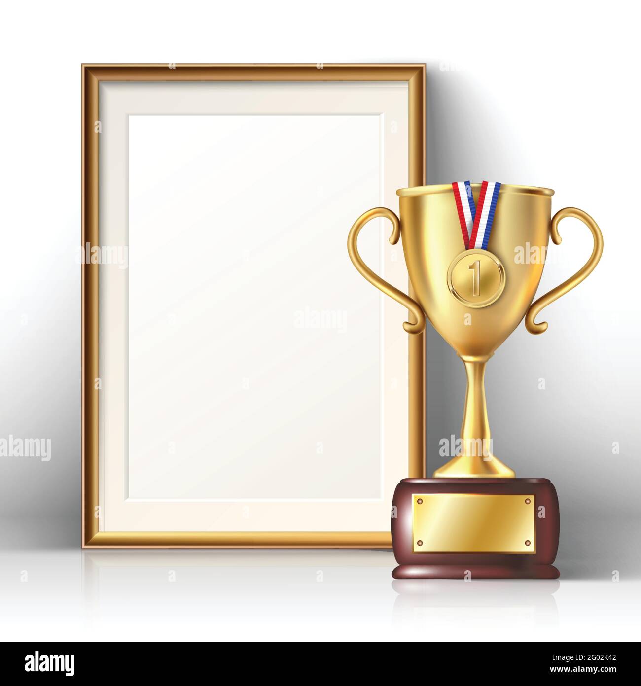 Realistischer Vektor goldene Trophäe und Bilderrahmen mit Holzbordüre. Isolierte Abbildung. Stock Vektor