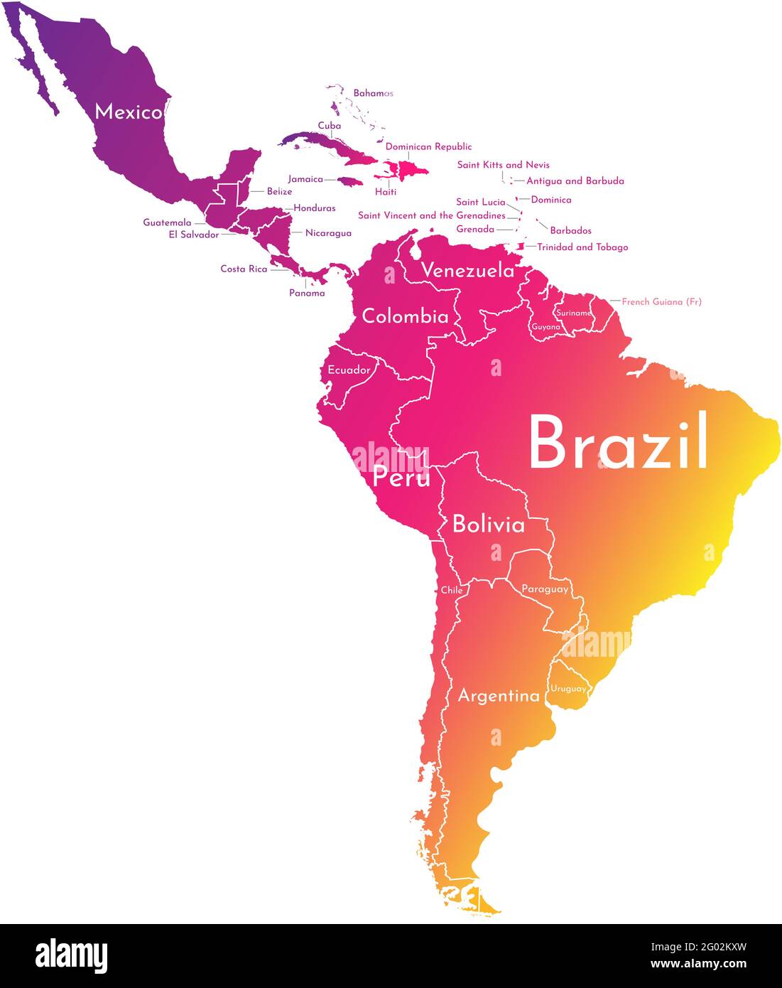 Vektor-Illustration mit Karte des Südamerikakontinents und eines Teils von Mittelamerika. Bunte Silhouetten, weißgrauer Hintergrund. Text mit Namen von i Stock Vektor