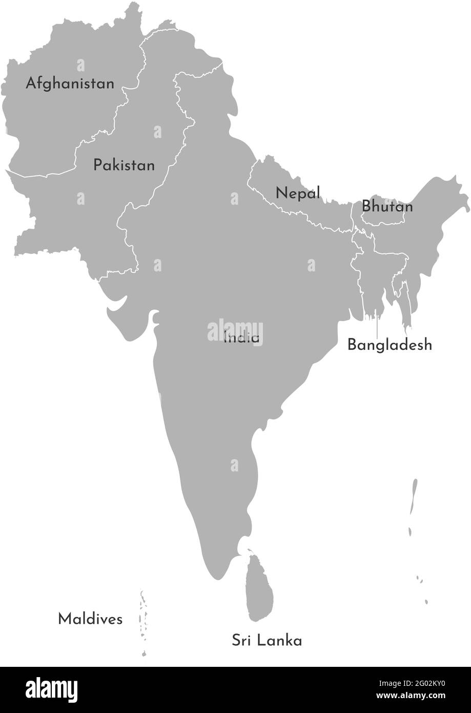 Vektorgrafik Karte der asiatischen Länder. Südregion. Staaten Grenzen von Afghanistan, Pakistan, Indien, Malediven, Nepal, Bhutan, Banghladesh, Sri La Stock Vektor