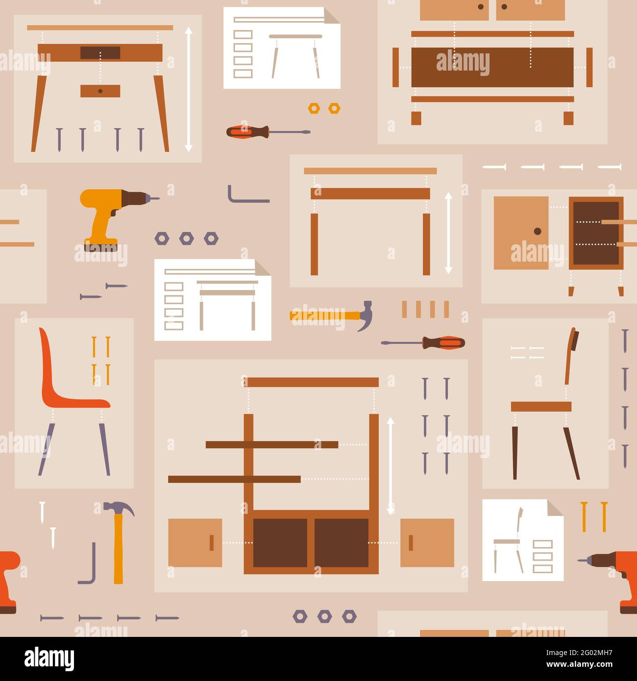 Möbelmontage und DIY nahtlose Muster mit Werkzeugen Stock Vektor