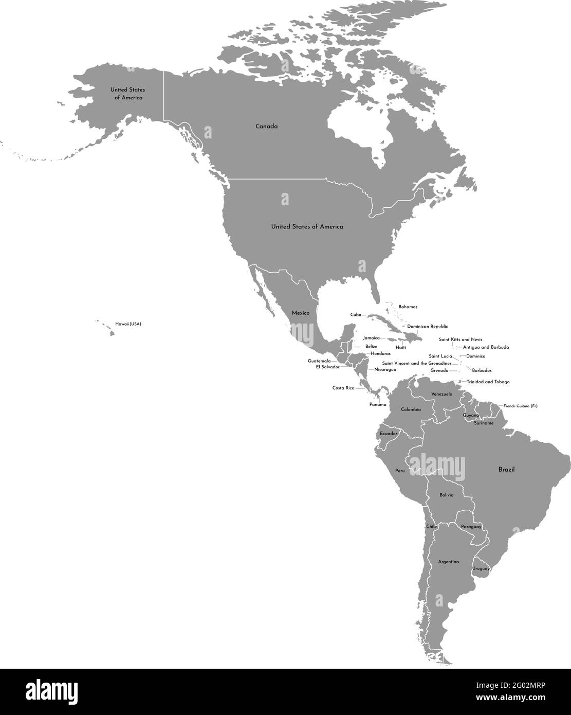 Vektorgrafik mit Karte des Nord- und Südamerikakontinents mit Ländergrenzen. Graue Silhouetten, weißer Hintergrund. Ländernamen Stock Vektor