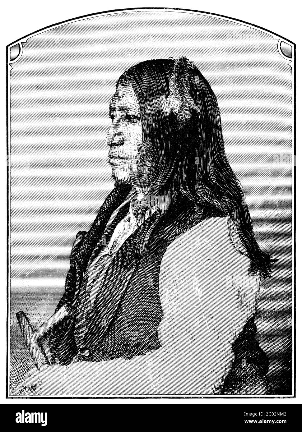 Eine gravierte Illustration von Spotted Tail, einem indianischen Ureinwohner und Chef der Sioux, aus einem viktorianischen Buch aus dem Jahr 1880, das nicht mehr kopiert ist Stockfoto