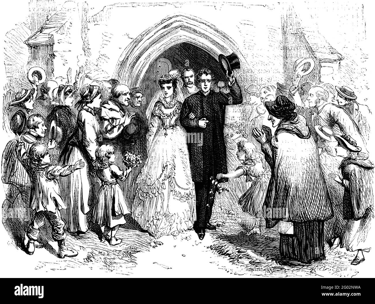 Eine gravierte Vintage-Illustration einer Hochzeit, aus einem viktorianischen Buch von 1870, das nicht mehr urheberrechtlich geschützt ist Stockfoto