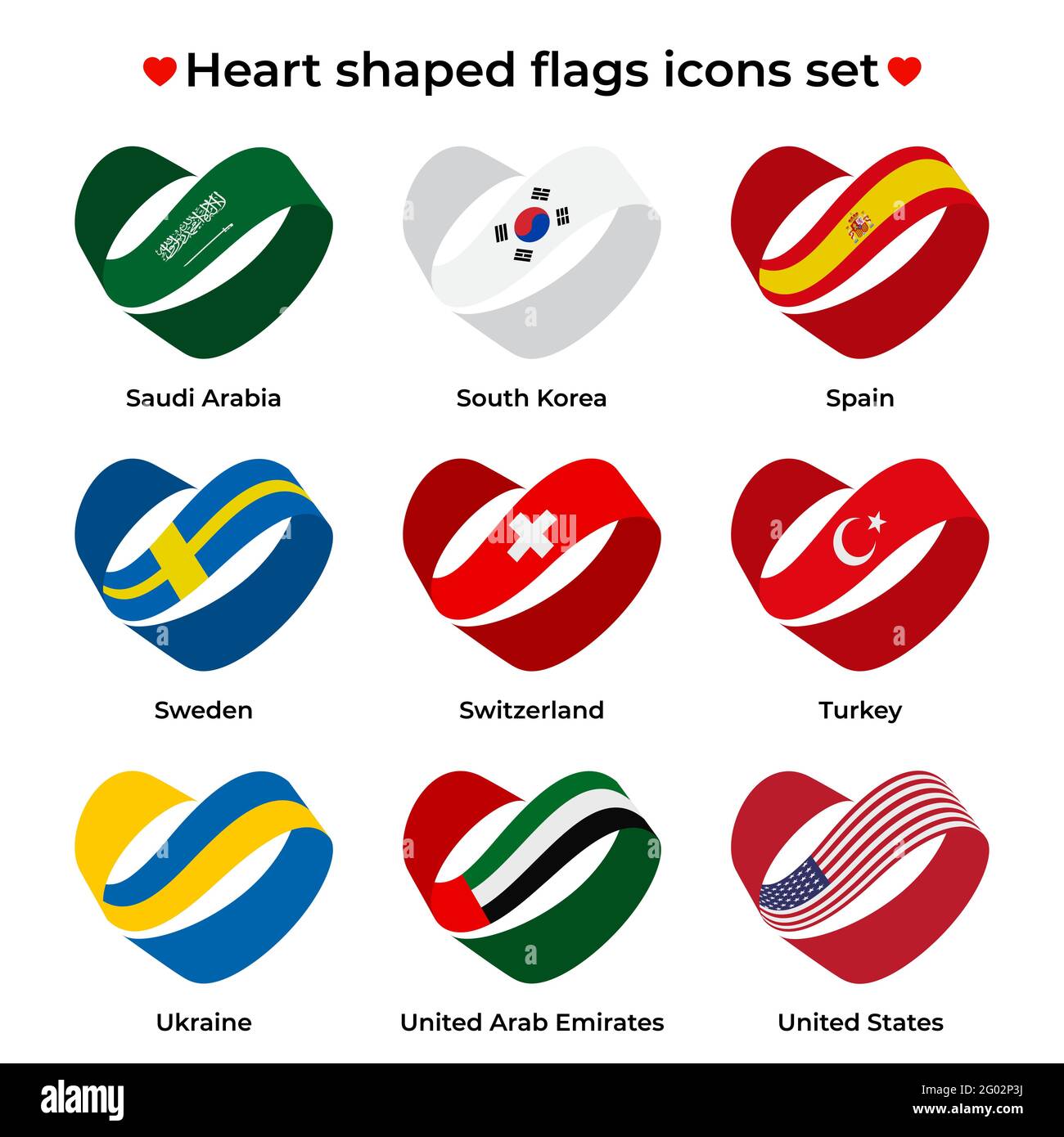 Symbole für herzförmige Flaggen gesetzt. Symbol-Flag von Ribbon Locken. Vektorsymbol, Symbol, Schaltfläche. Abbildung in flacher Ausführung Stock Vektor