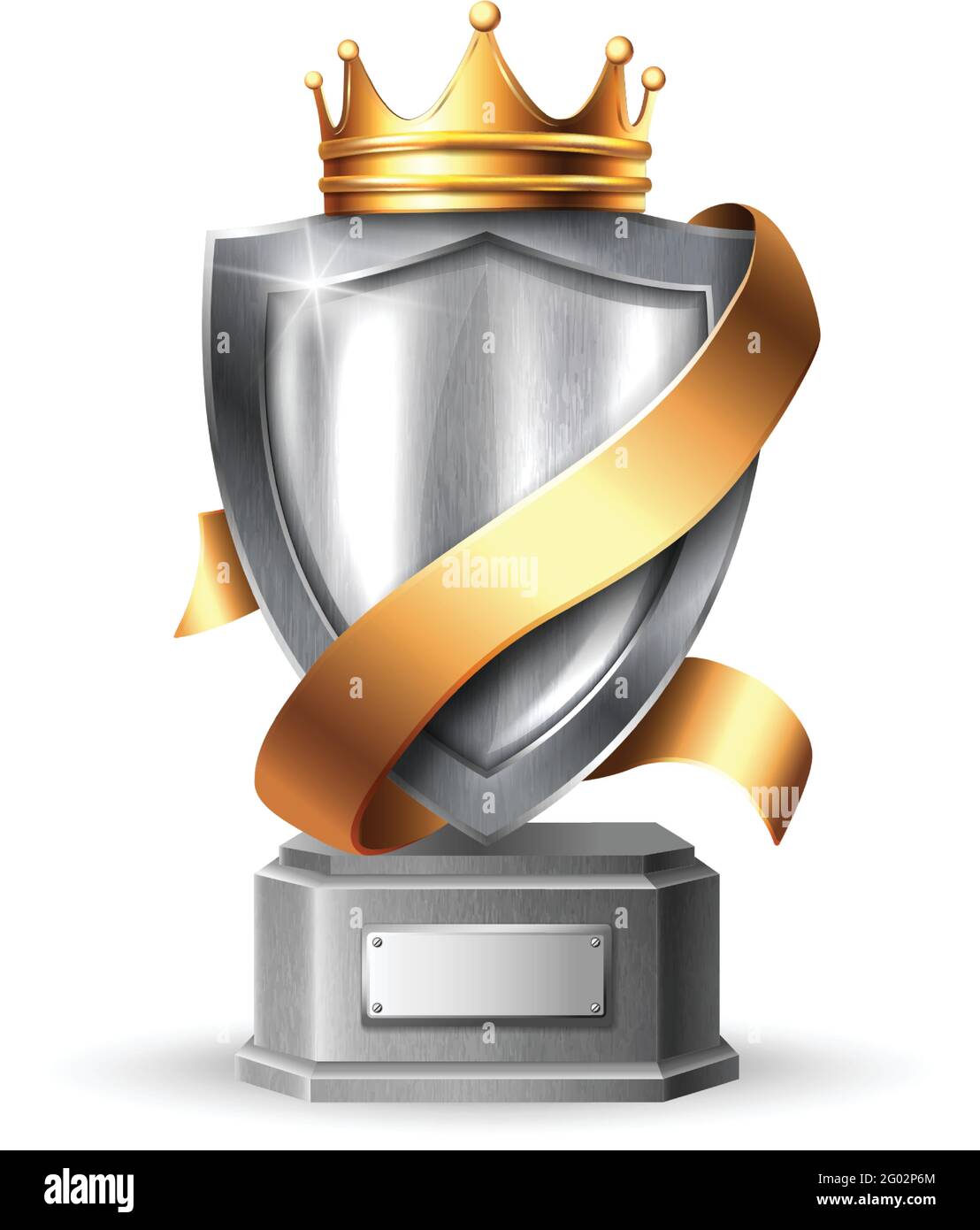 Realistischer Vektor-Metallschild mit Rahmen Trophäe. Blanke silberne Metallplatte aus Stahl mit goldener Krone, Goldband Award Trophäe oder Zertifikat Vorlage Stock Vektor