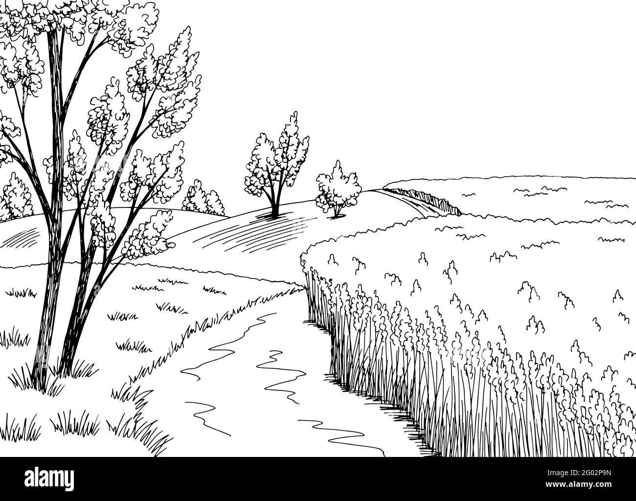 Feld Straßengrafik schwarz weiß ländliche Landschaft Skizze Illustration Vektor Stock Vektor