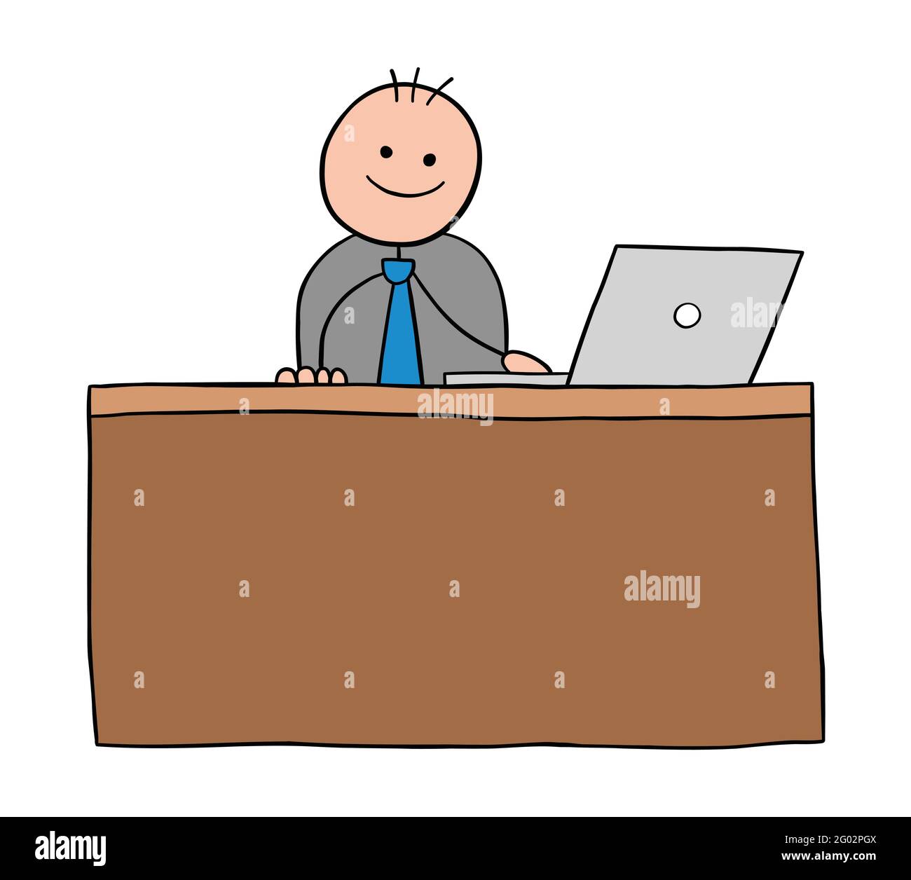 Stickman Geschäftsmann Charakter glücklich und sitzt am Schreibtisch, Vektor-Cartoon-Illustration. Schwarz umrandet und farbig. Stock Vektor