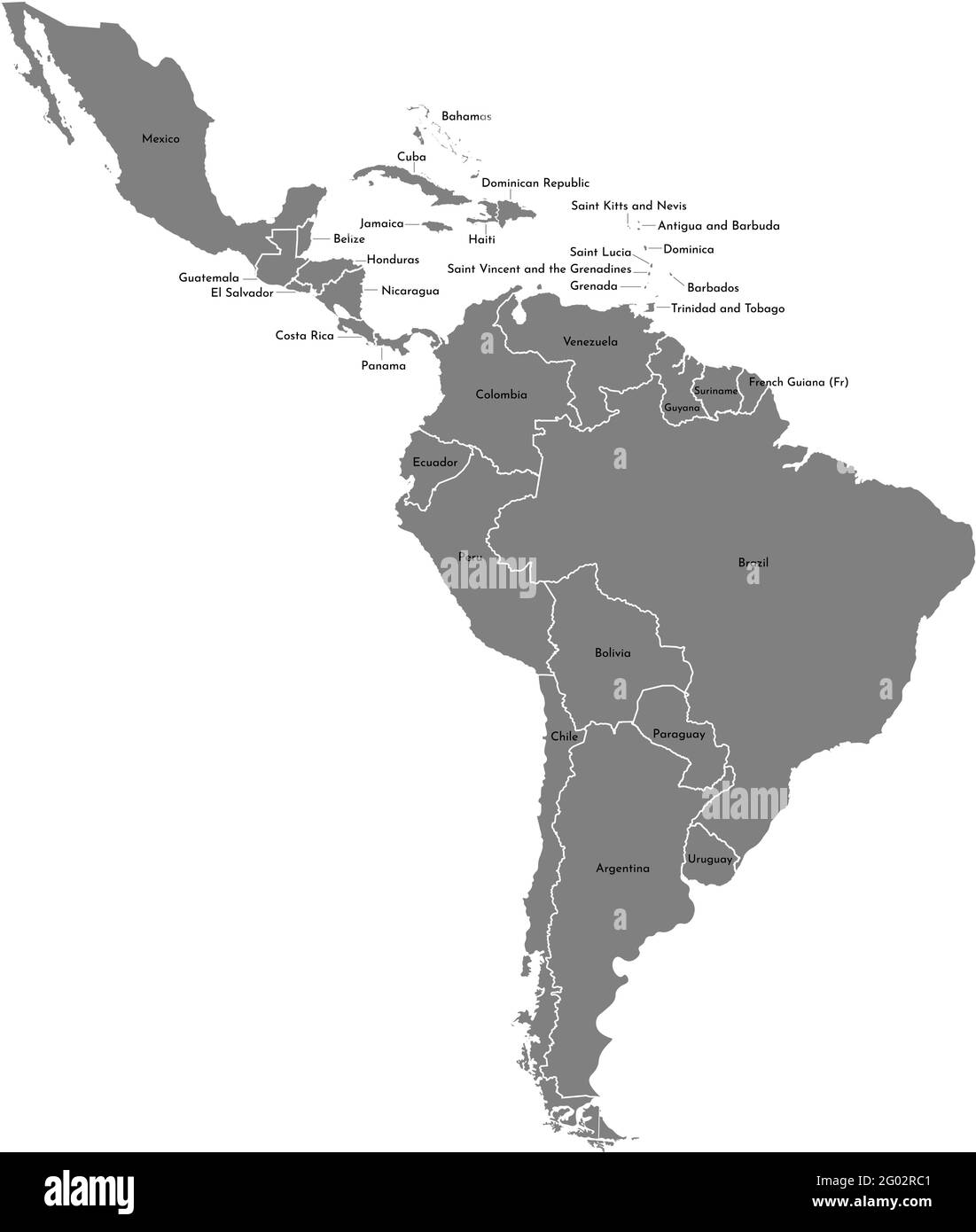 Vektor-Illustration mit Karte des Südamerikakontinents und eines Teils von Mittelamerika. Graue Silhouetten, weißgrauer Hintergrund. Stock Vektor