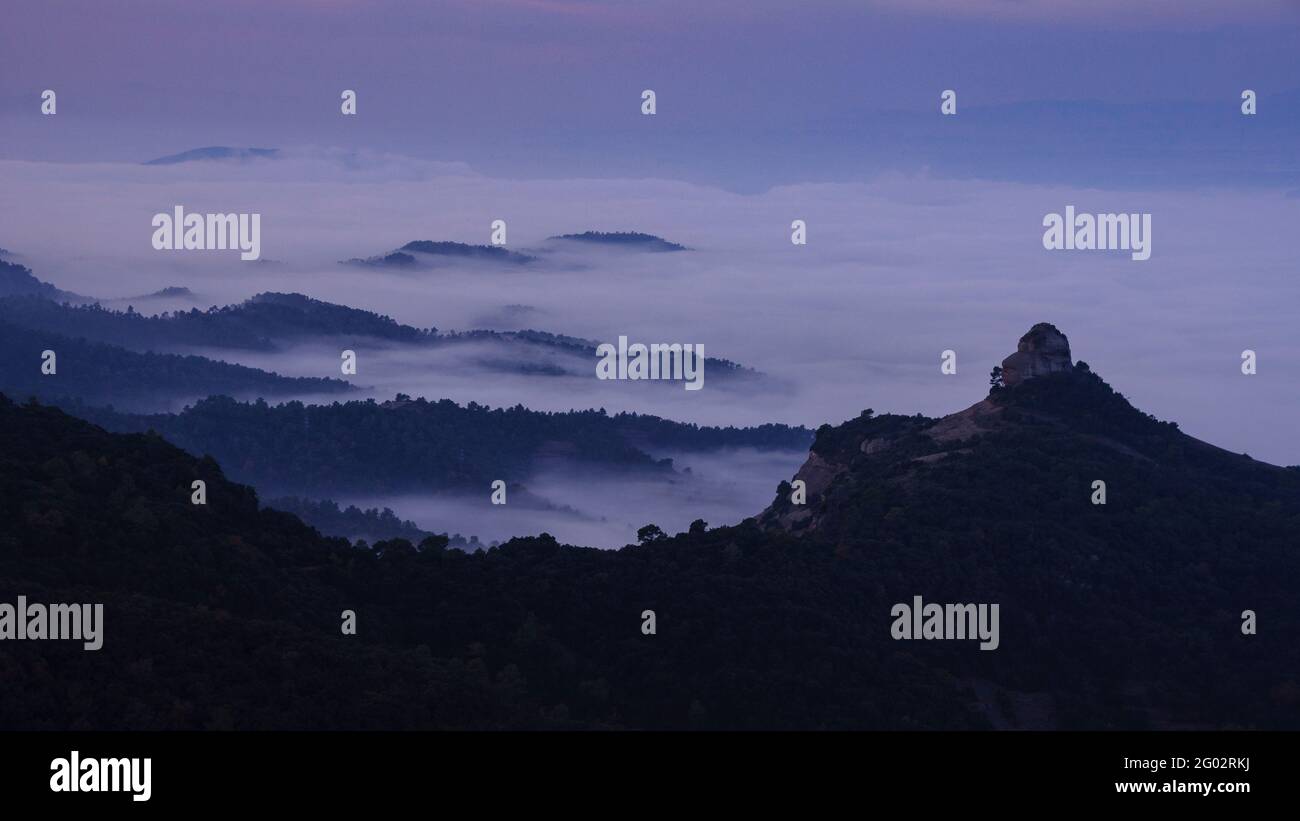 Der Felsen von Paller de tot l'any bei Sonnenaufgang, über dem Nebel (Naturpark Sant Llorenç del Munt i l'Obac, Barcelona, Katalonien, Spanien) Stockfoto