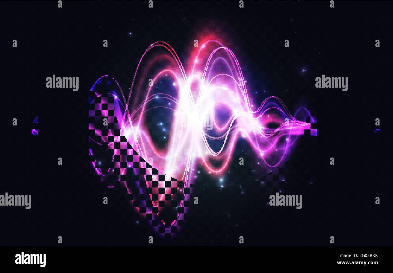 Abstraktes Spektrum Schallwelle, leuchtende Lichteffekt Bewegungsvektor Illustration. Neon-Diagramm-Energieelement für Musikdesign, Frequenz-Volumen-Muster-Technologie auf dunklem transparenten Hintergrund Stock Vektor