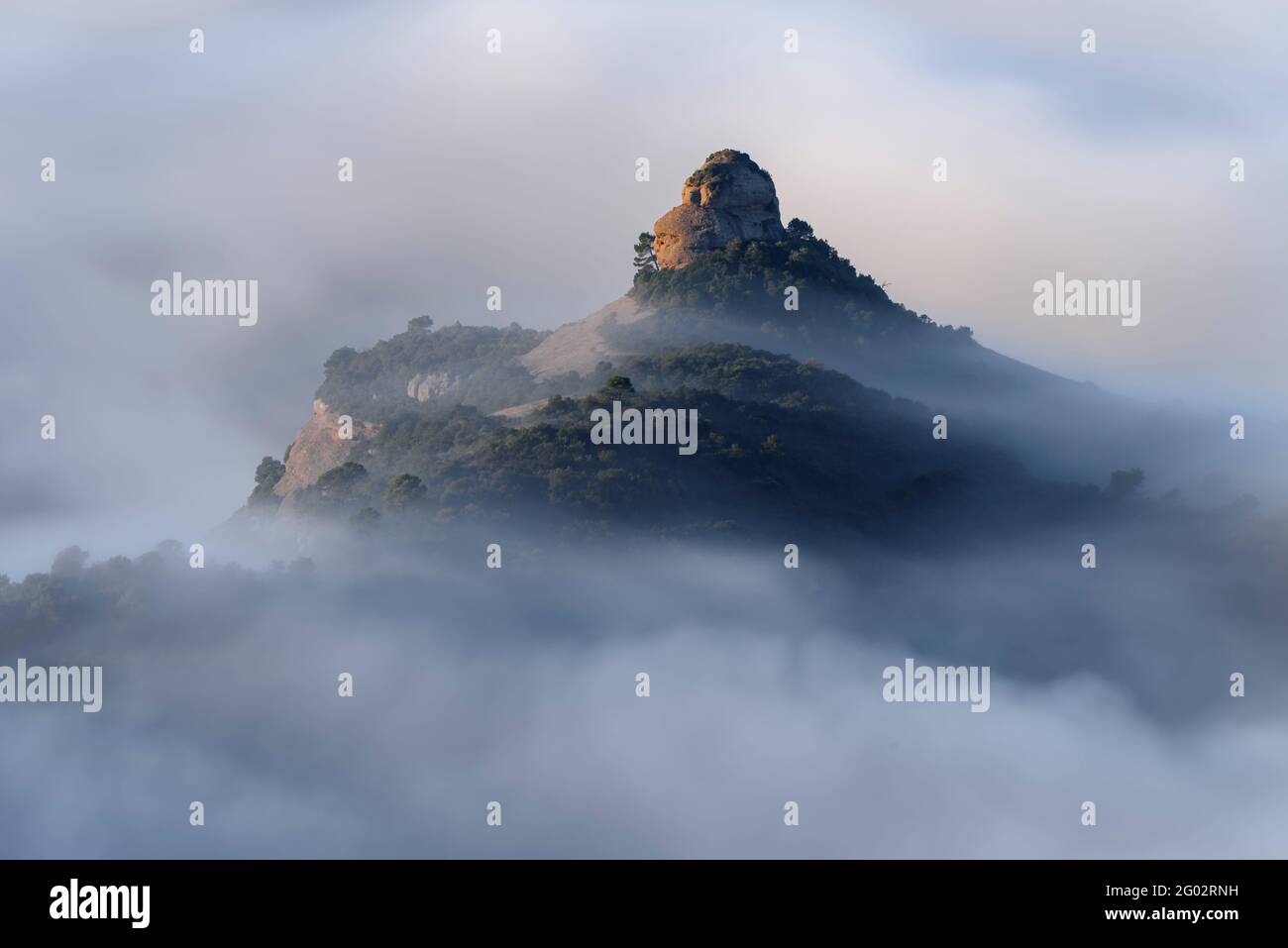 Der Felsen von Paller de tot l'Any bei Sonnenaufgang, umgeben von Nebel (Naturpark Sant Llorenç del Munt i l'Obac, Barcelona, Katalonien, Spanien) Stockfoto