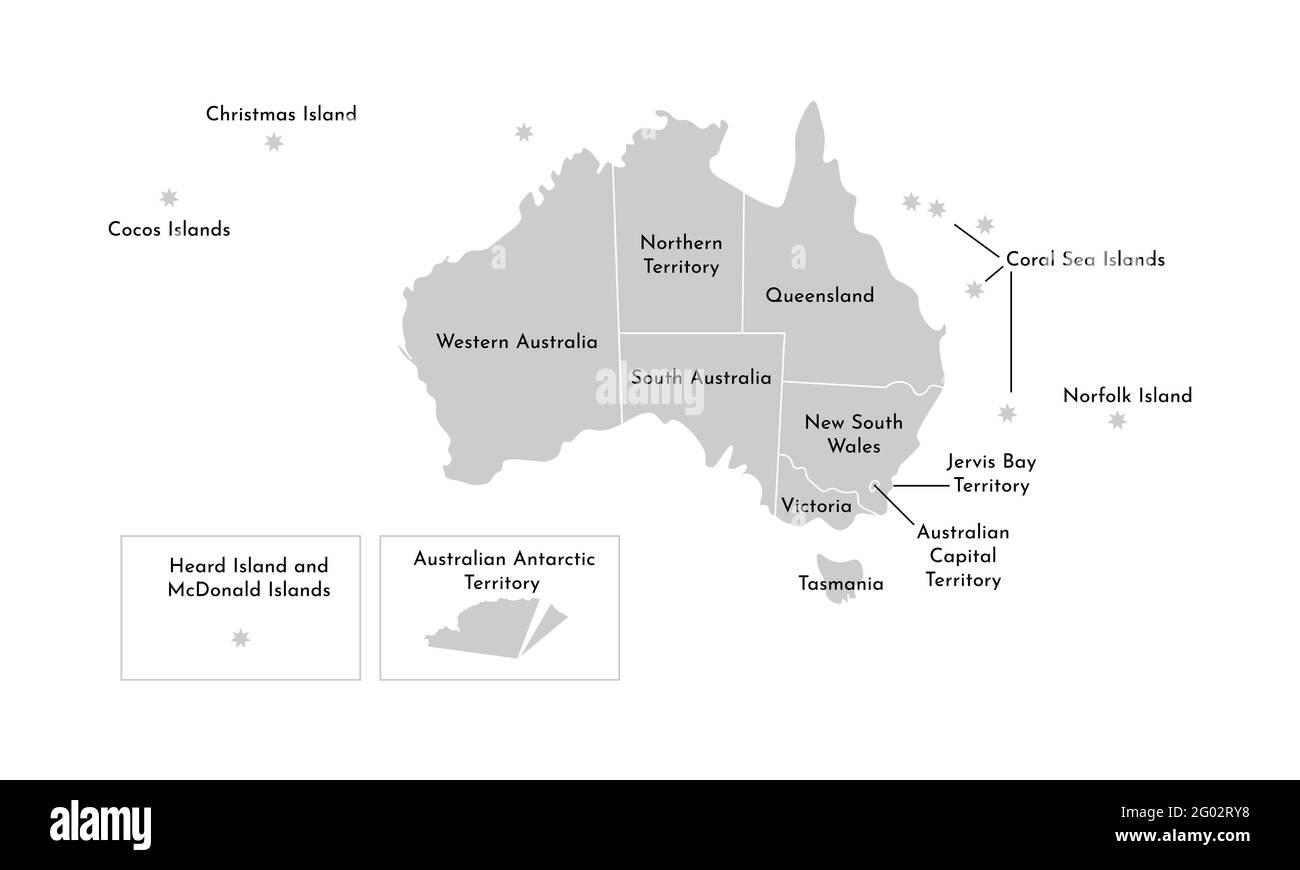 Vektor isolierte Illustration der vereinfachten administrativen Karte von Australien. Grenzen und Namen der Provinzen (Regionen). Graue Silhouetten. Weißes Auslaufes Stock Vektor