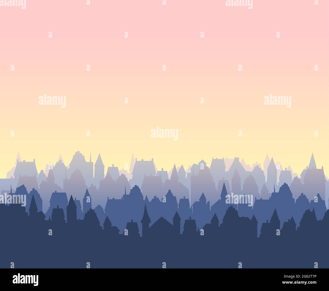 Kleine Stadt Straßen Silhouette. Dächer von Häusern. Abendaufgang. Landschaft auf dem Land. Flacher Cartoon-Stil. Nahtlose Illustration. Vektorgrafiken Stock Vektor