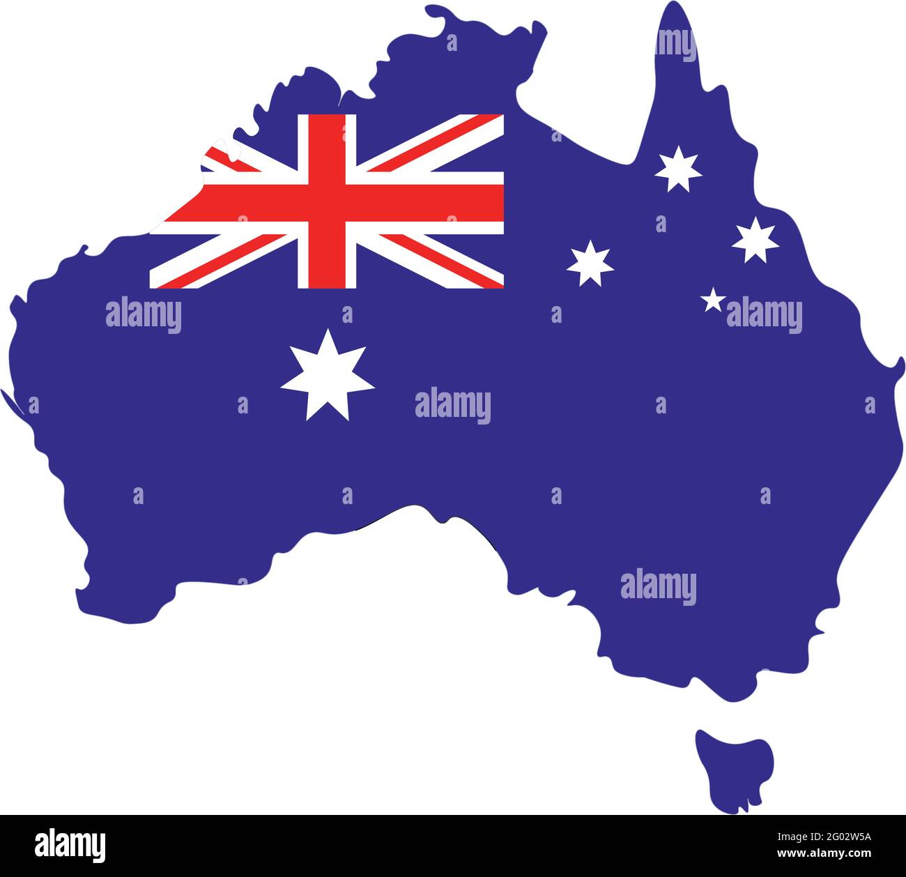 Vektor isolierte Illustrationskarte mit blauer Silhouette des Kontinents Australien und Nationalflagge. Weißer Hintergrund Stock Vektor