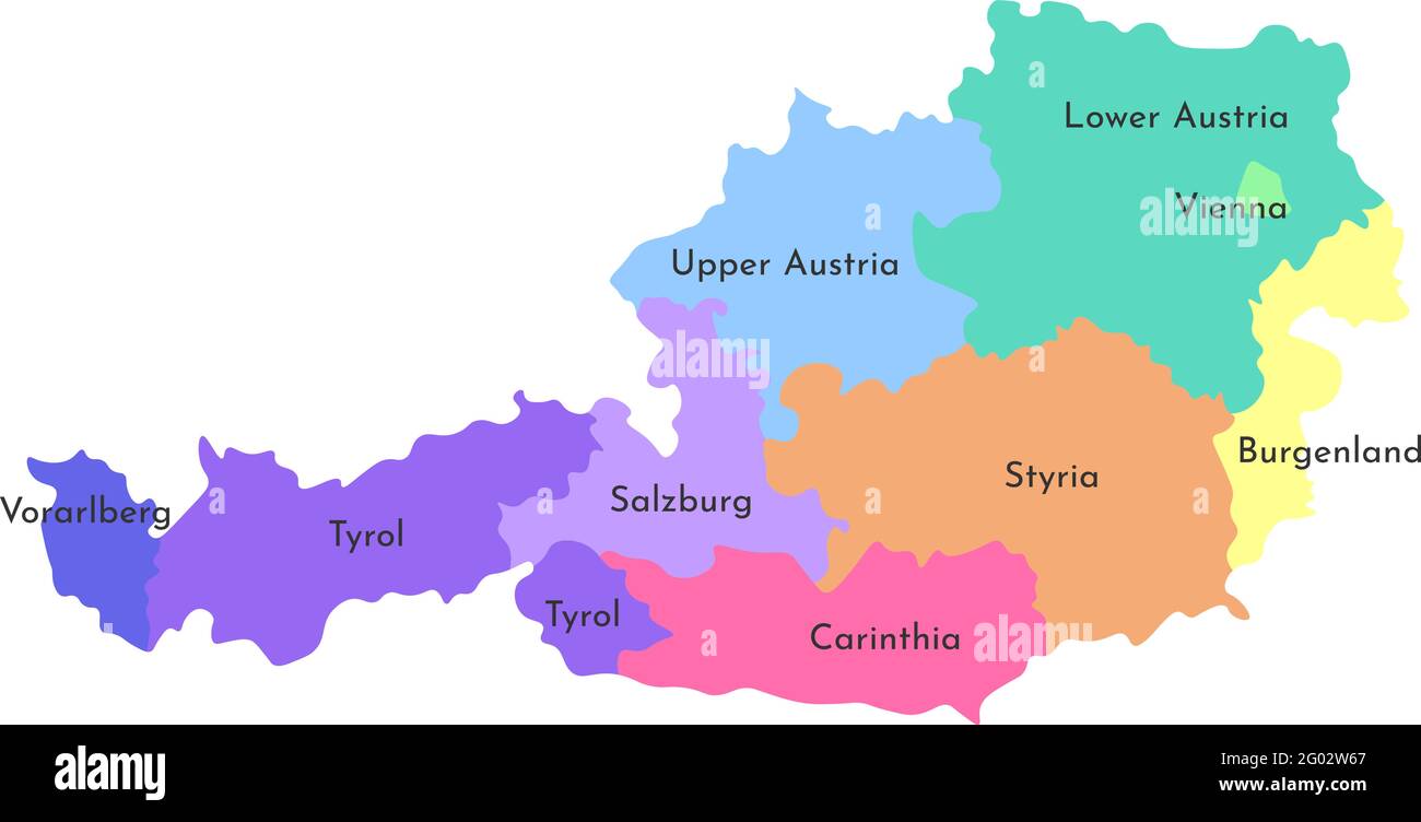 Vektor isolierte Illustration einer vereinfachten Verwaltungskarte von Österreich. Grenzen und Namen der Regionen. Mehrfarbige Silhouetten. Stock Vektor