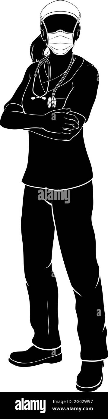 Doktor Krankenschwester Frau PPE Maske Scrubs Silhouette Stock Vektor