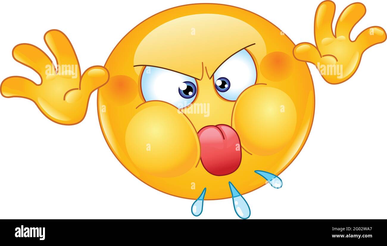 Wütend schelmisch Emoji Emoticon Gesicht macht einen Grimasse, ragt aus seiner Zunge und spielt mit seinen Händen für Fehlverhalten. Stock Vektor