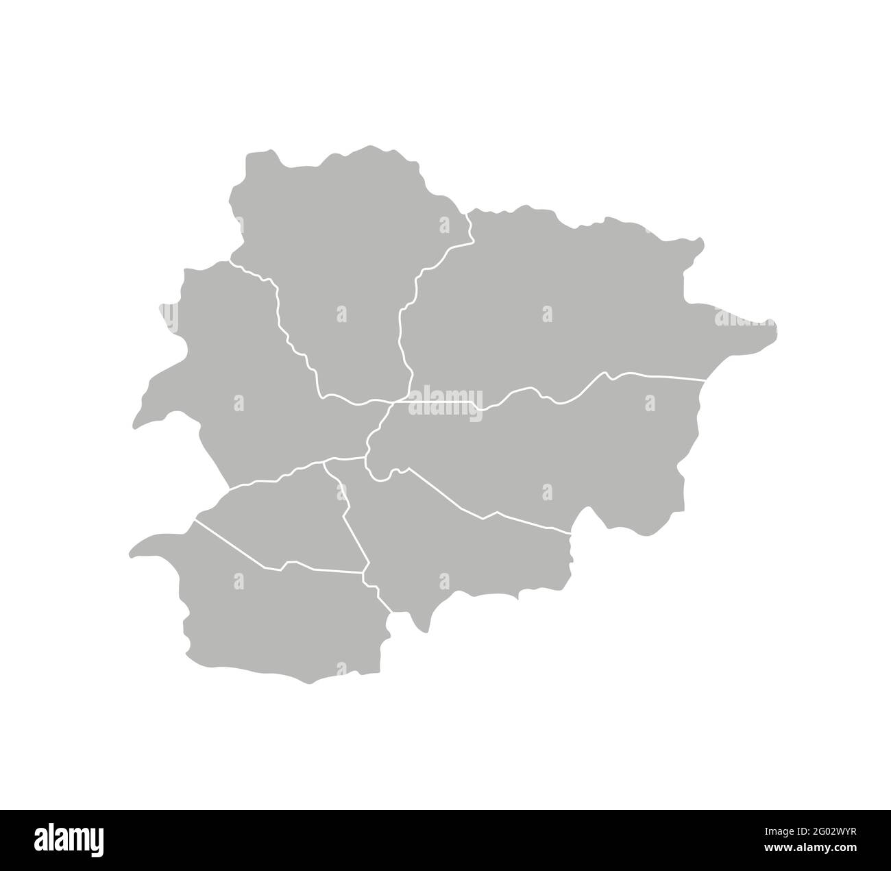 Vektor isolierte Illustration einer vereinfachten Verwaltungskarte von Andorra. Grenzen der Gemeinden (Regionen). Graue Silhouetten. Weißer Umriss. Stock Vektor