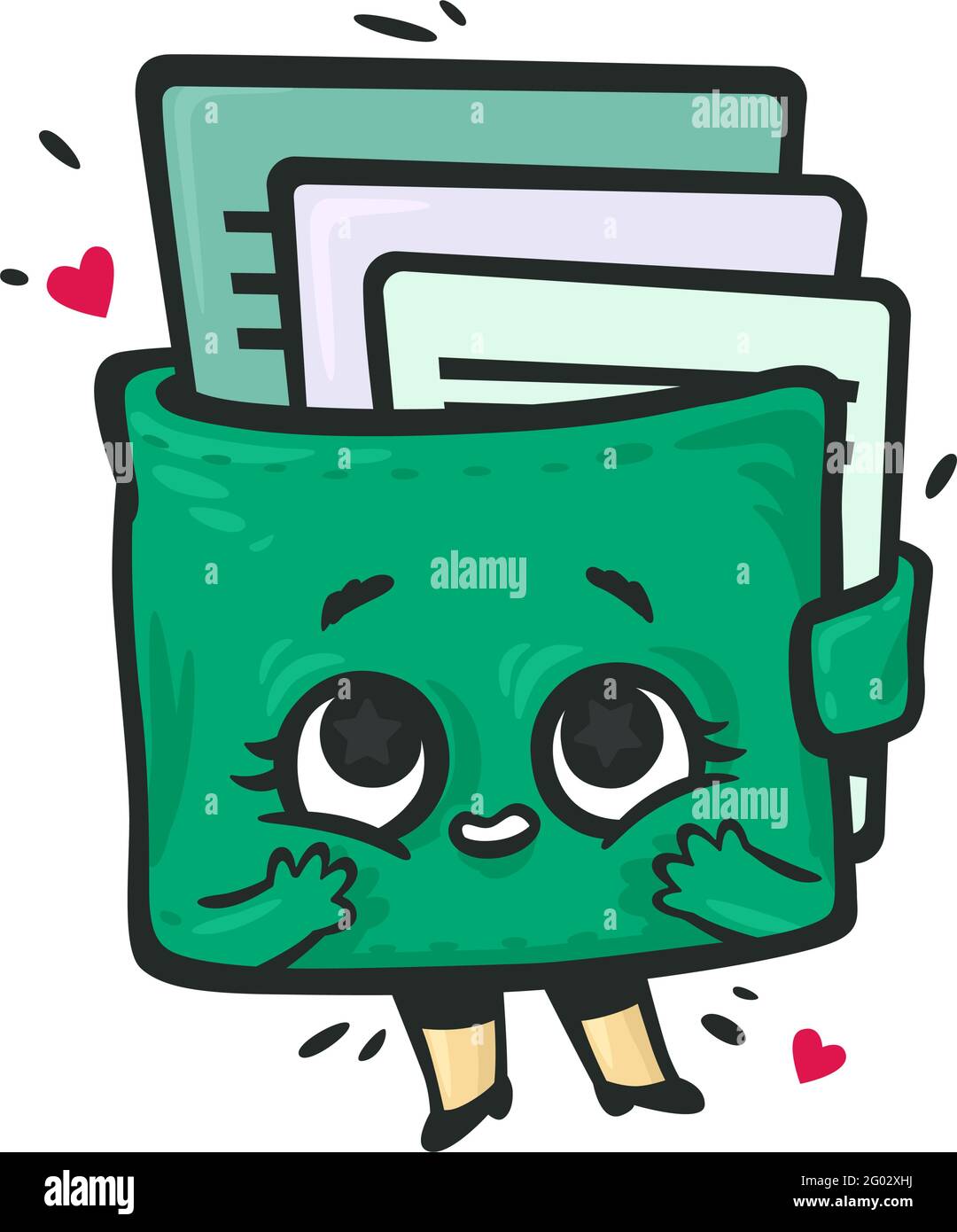 Geldbörse in Form eines Kawaii-Charakters mit Karten. Grüne Geldbörse mit Augen, Armen und Beinen in Ehrfurcht vor dem Inhalt. Vektor. Illustration für Investitionen Stock Vektor