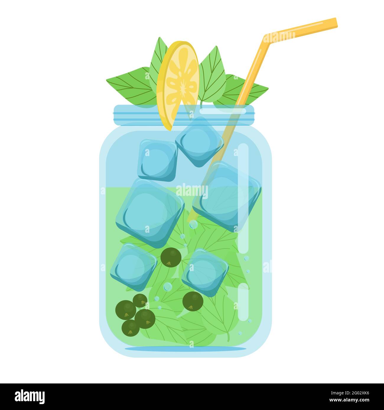 Softdrinks, Fruchtcocktails Johannisbeeren mit Minze, kohlensäurehaltiges Erfrischungsgetränk in einem Glasglas, das mit einer Zitronenscheibe verziert ist, Vektorobjekt in flachem Stil Stock Vektor