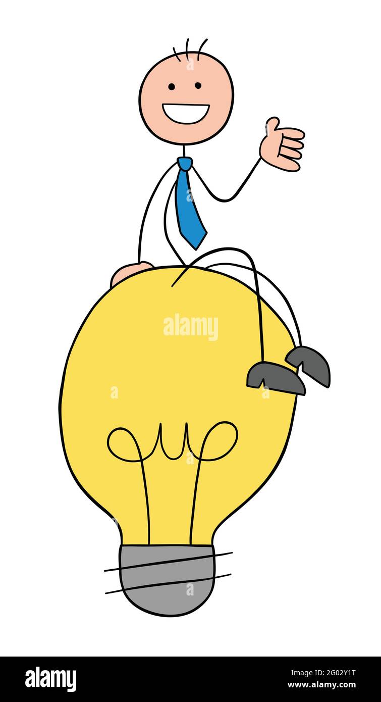 Stickman Geschäftsmann Charakter glücklich und sitzt auf der Glühbirne Idee, Vektor-Cartoon-Illustration. Schwarz umrandet und farbig. Stock Vektor