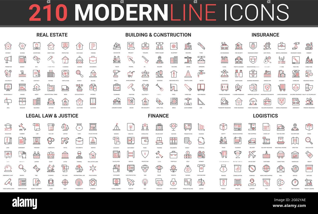 Immobilien-Gebäude und Hausbau, Lebensschäden-Versicherung, Justiz Rechtsrecht Justizsystem Linie Symbol Vektor Illustration set. Rot schwarz dünne lineare Finanzsymbole, Logistiklieferung Stock Vektor