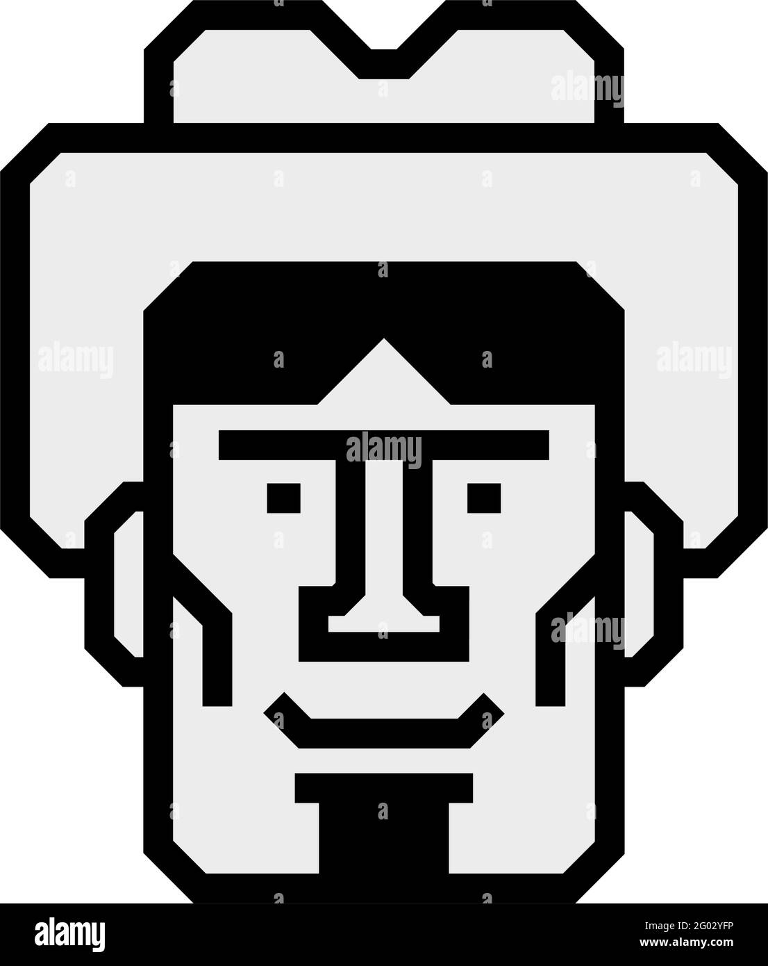 Skizzieren Sie die graue Ikone eines Mannes in einem Hut. Zeichen für das Logo. Vektor. Trendy gehackt modernen Stil. Das Bild ist auf einem weißen Hintergrund isoliert. Stock Vektor