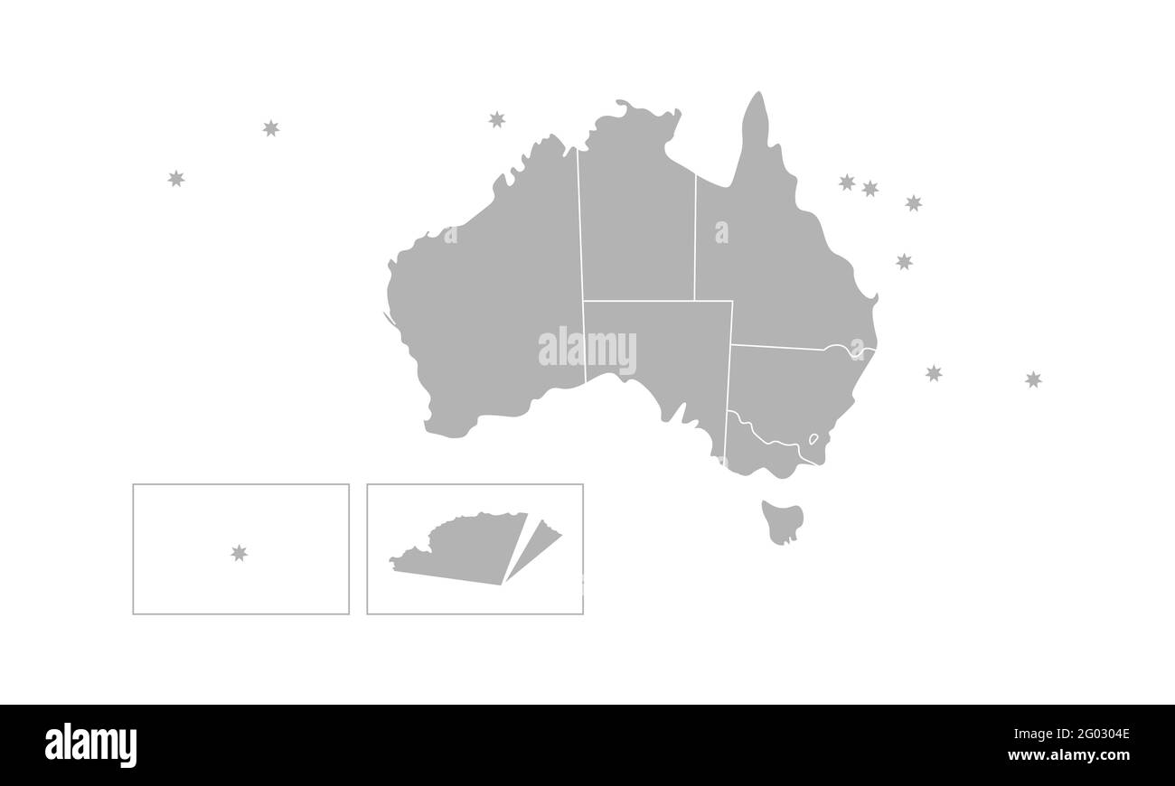 Vektor isolierte Illustration der vereinfachten administrativen Karte von Australien. Grenzen der Provinzen (Regionen). Graue Silhouetten. Weißer Umriss. Stock Vektor