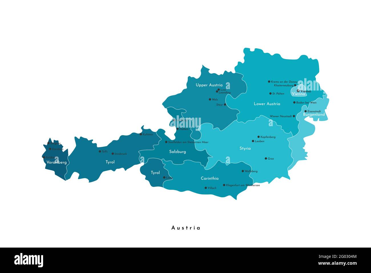 Vektor-isolierte Illustration. Vereinfachte Verwaltungskarte von Österreich in blauen Farben. Weißer Hintergrund und Umrisse. Namen österreichischer Städte und sta Stock Vektor