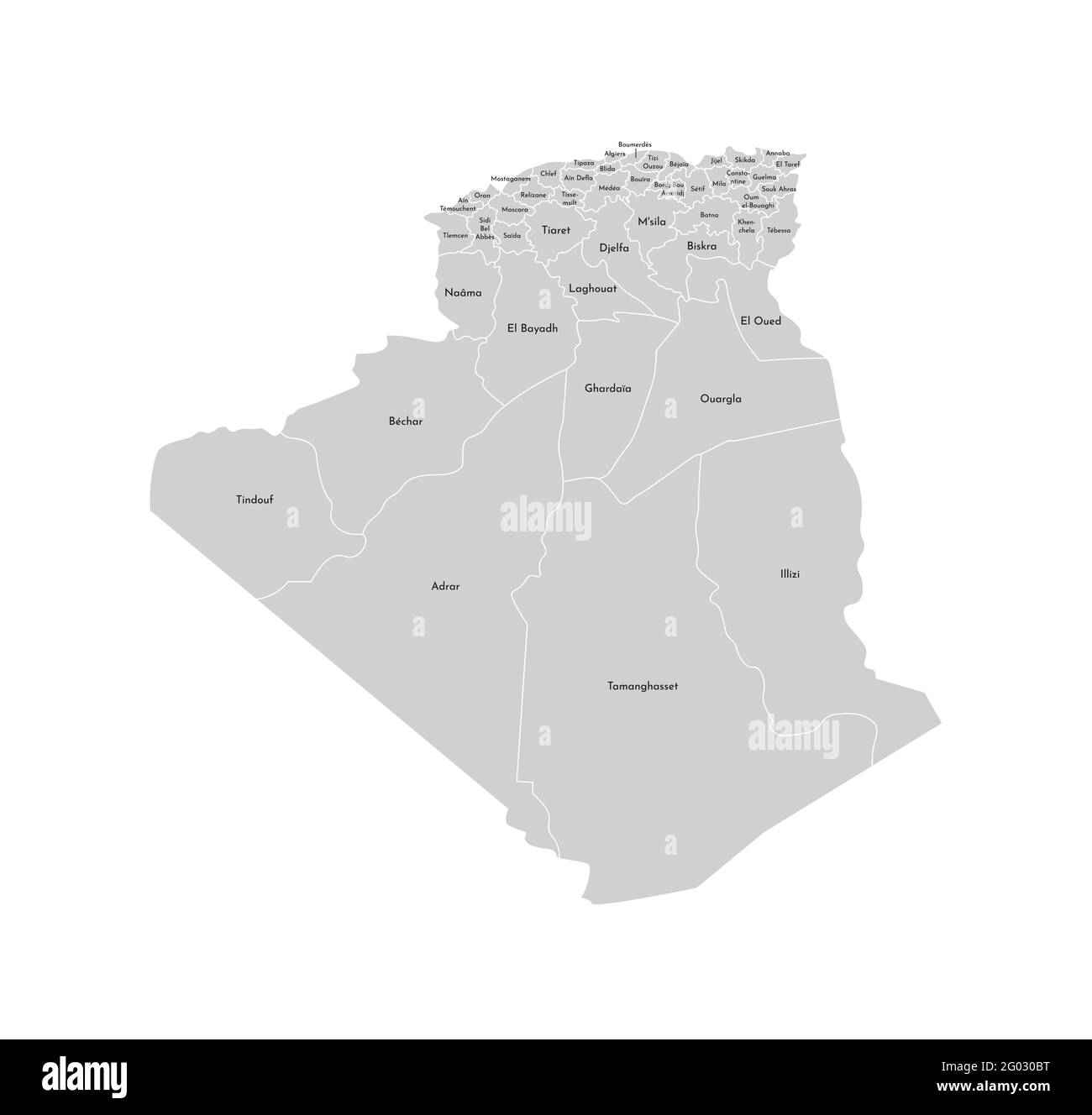 Vektor isolierte Illustration einer vereinfachten Verwaltungskarte von Algerien. Grenzen und Namen der Provinzen (Regionen). Graue Silhouetten. Weißer Outlin Stock Vektor