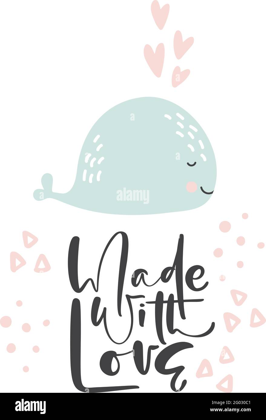 Niedliche handgezeichnete Wal Illustration Vektor in Doodle-Stil und kalligraphischen Text mit Liebe gemacht. Kinder, Baby-Design für Karten, Poster, Kinderzimmer Wandkunst Stock Vektor