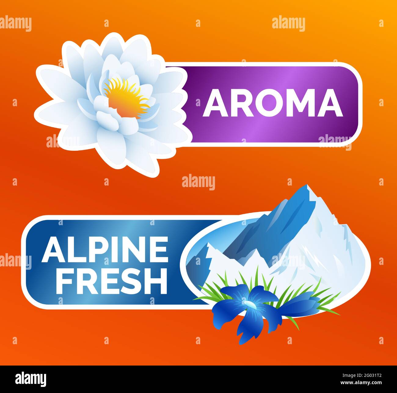 Aufkleber für Waschkleidung, weiße Lotusblume und alpines Frische-Symbol mit Bergen und Blumen, Waschmittel-Werbung, Vektorgrafik Stock Vektor