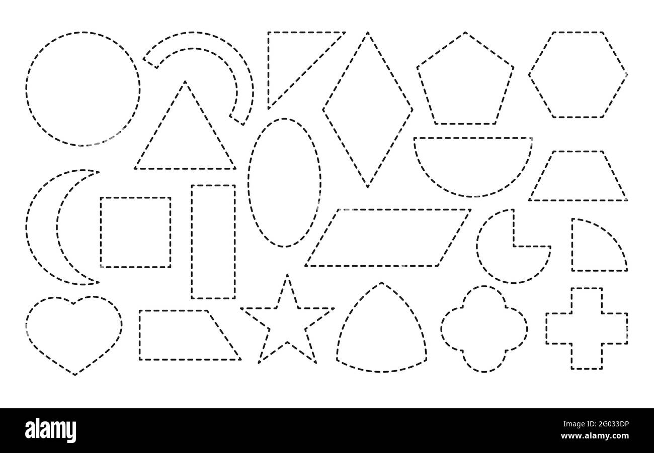 Satz geometrischer Formen, gezeichnetes Symbol mit gepunkteter Linie. Einfache mathematische Formen Quadrat und Rechteck, Ellipse, Dreieck oder andere. Lehrmaterial für das Lernen Spiel isoliert auf weißen Vektor-Illustration Stock Vektor