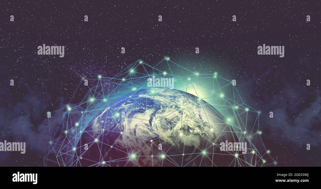 Globales Datennetz vernetzt sich um den Planeten Erde, weltweites Informationssystem-Konzept Stockfoto