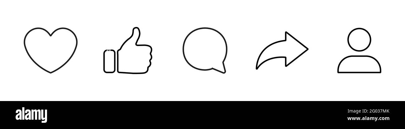 Social-Media-Symbole setzen wie teilen Kommentar Liebe repost admin Benutzer Silhouette flache Linie Kunst Symbole Stock Vektor