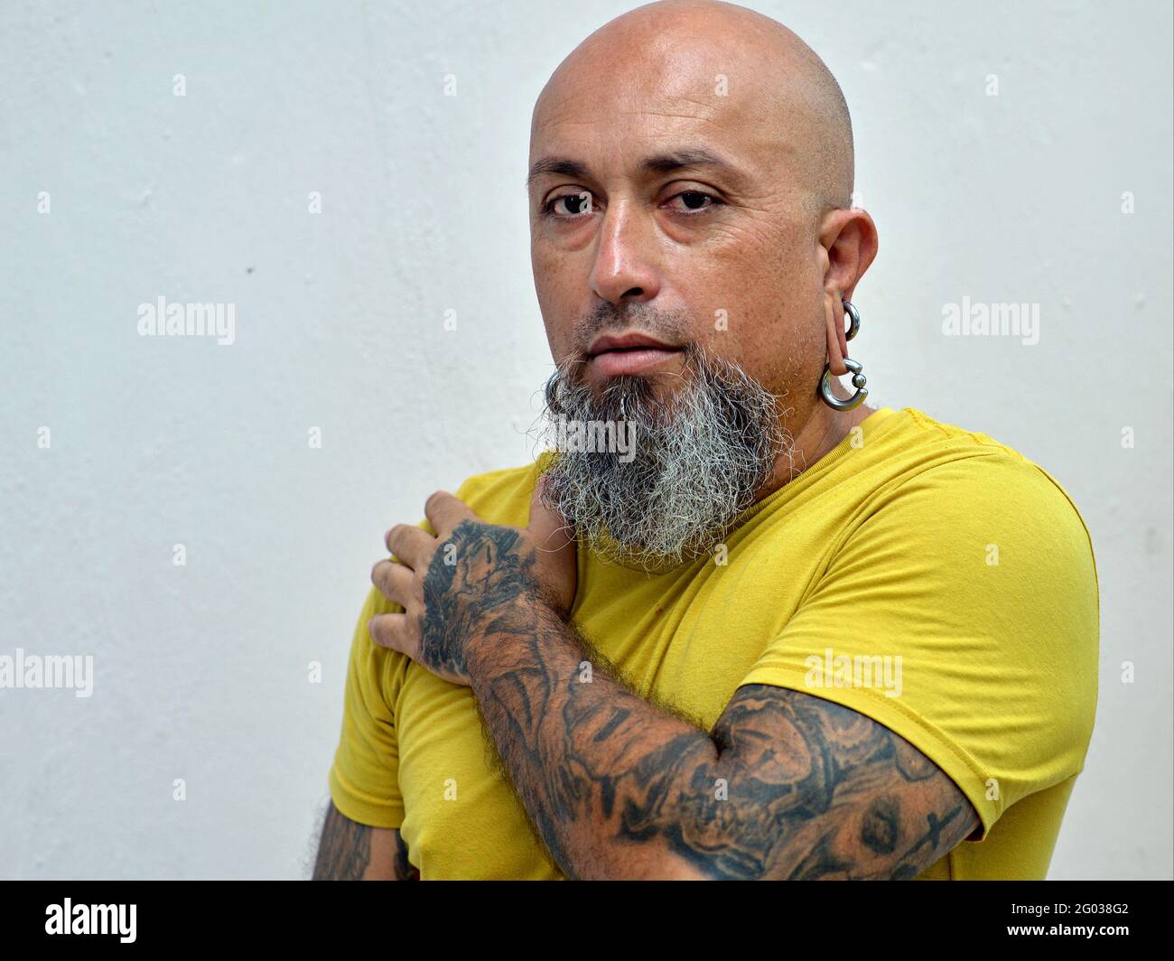 Entschlossener kaukasischer Mann mit rasierten Kopf, grauem Bart, aufwändiger Armtätowierung und Ohrläppchen-Piercings trägt ein gelbes Hemd und schaut auf den Betrachter. Stockfoto