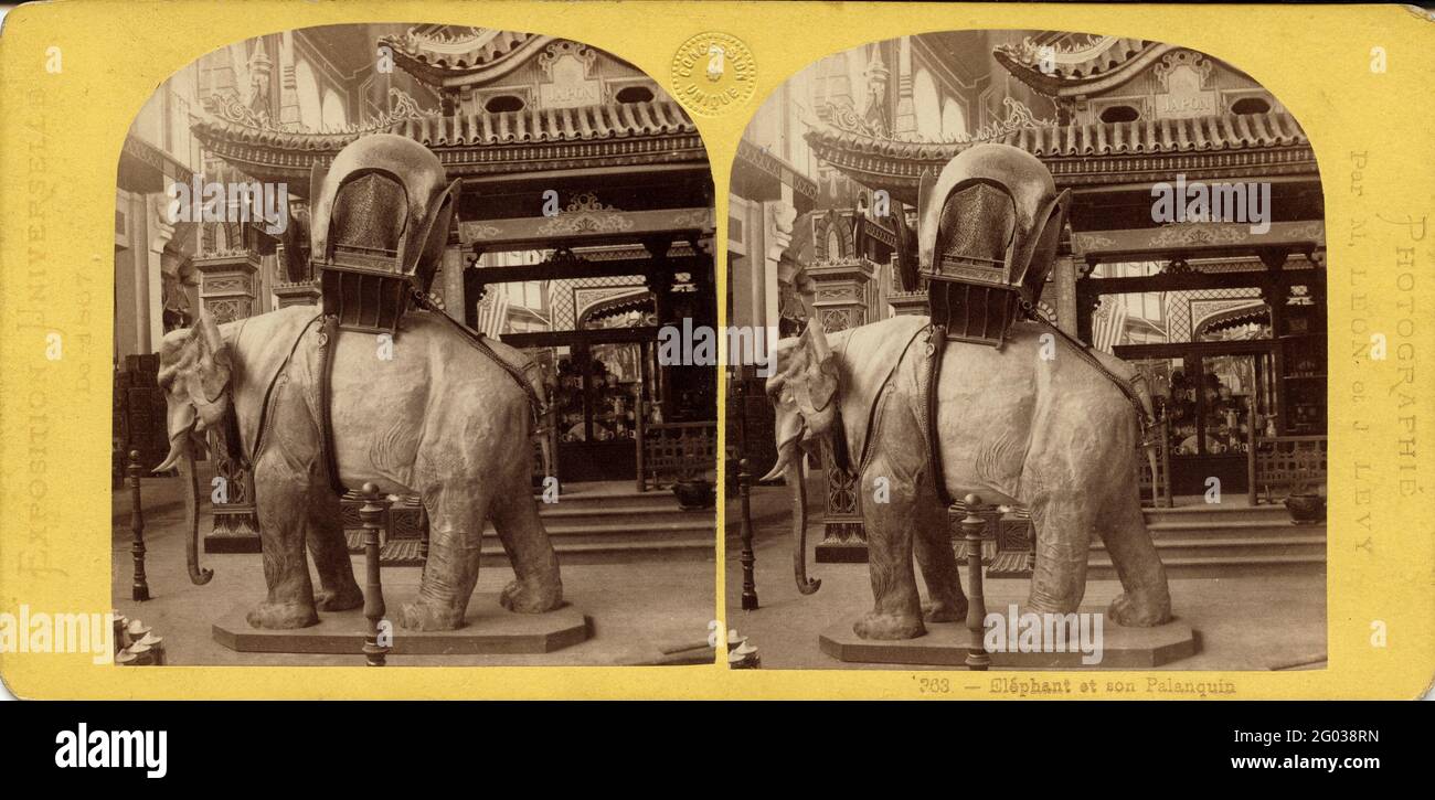 Stereoskopische Ansicht einer Elefantenstatue mit Palanquin auf der Exposition Universelle von 1867, Paris, Frankreich, 1867. Fotografie von Léon & Lévy Stockfoto