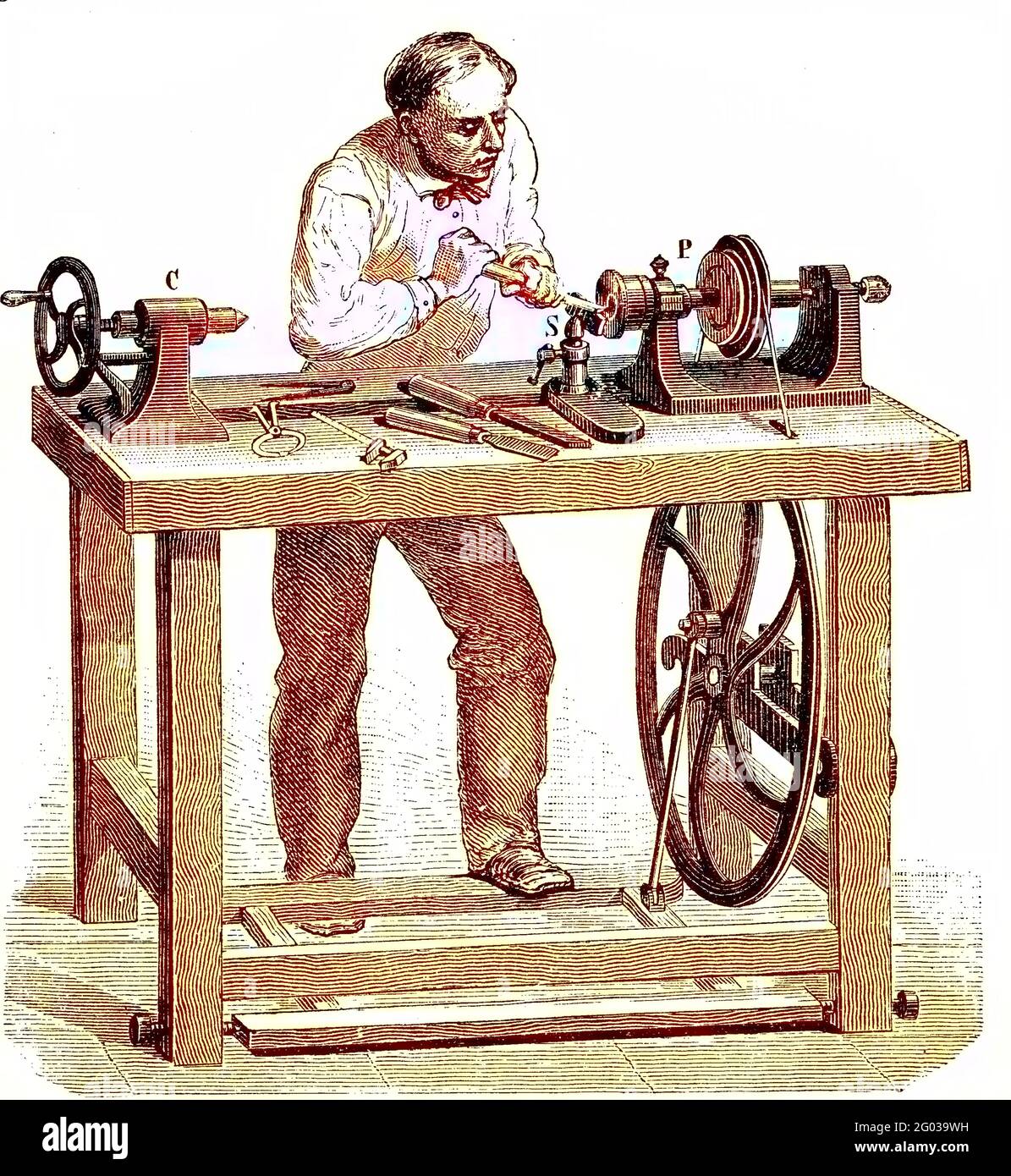 Mann arbeitet an einer Drehmaschine, Drehmaschine, für Holzbearbeitung, Illustration von 1880