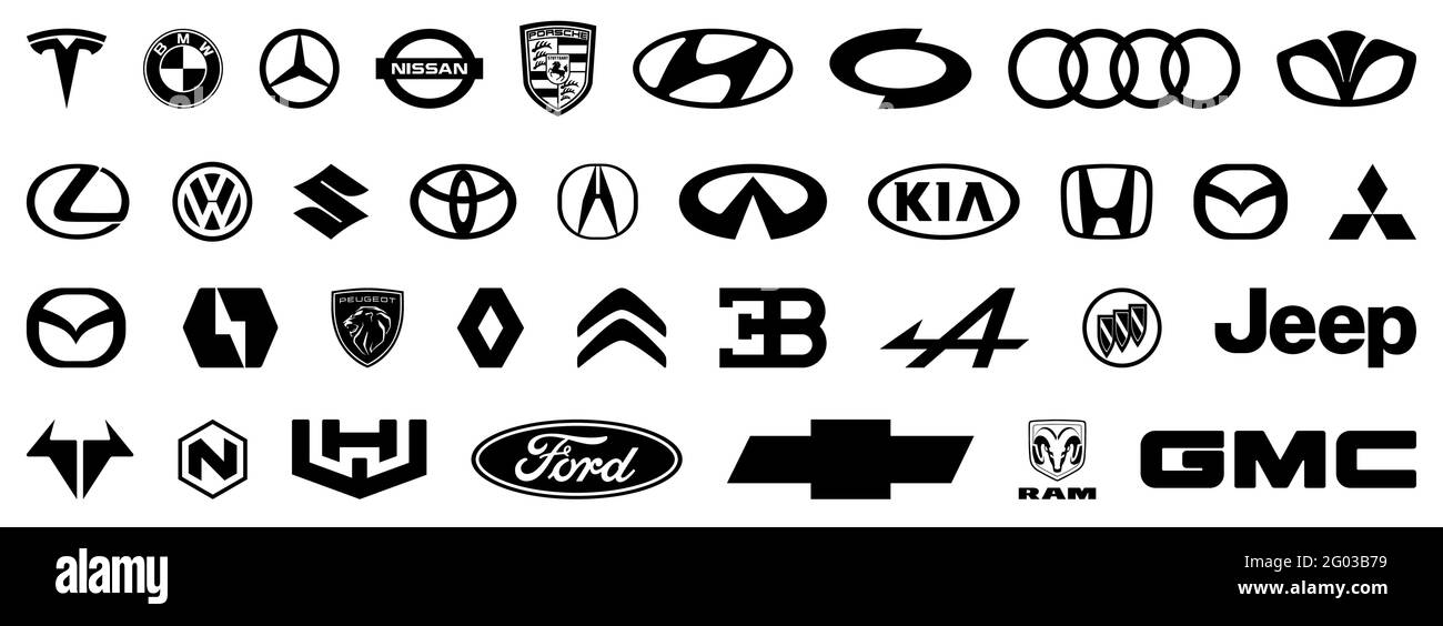 Vinnytsia, Ukraine - 30. Mai 2021: Großer Satz von Auto-Marke Logo. Führende Automobilhersteller. Schwarzes Auto Embleme Zeichen. Redaktionelle Vektorgrafik Stock Vektor