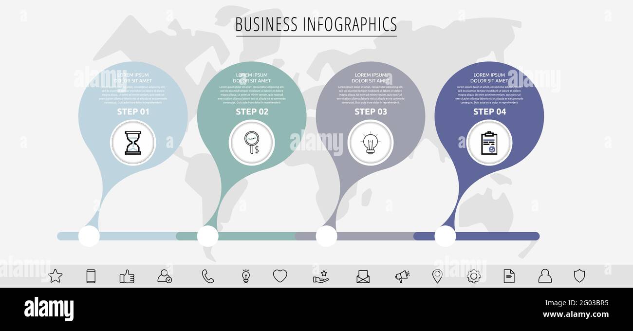 Vektor-Infografiken aus Kreisen mit Symbolen in vier Schritten. Modernes Timeline-Konzept für Diagramm, Ebenen, Web, Diagramm, Banner, Präsentationen, Unternehmen Stock Vektor