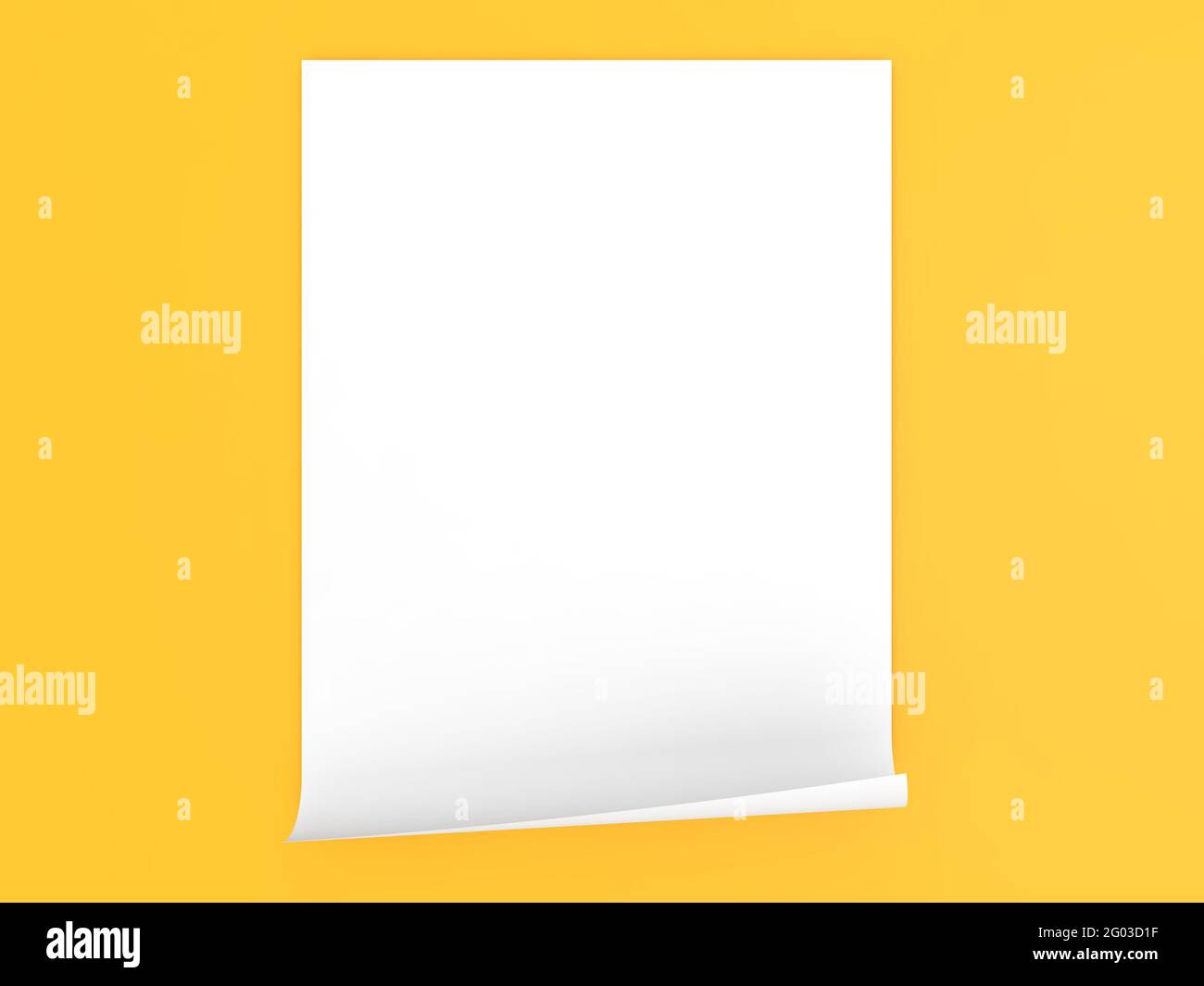Gewelltes Blatt A4-Papier auf gelbem Hintergrund. 3d-Renderdarstellung. Stockfoto