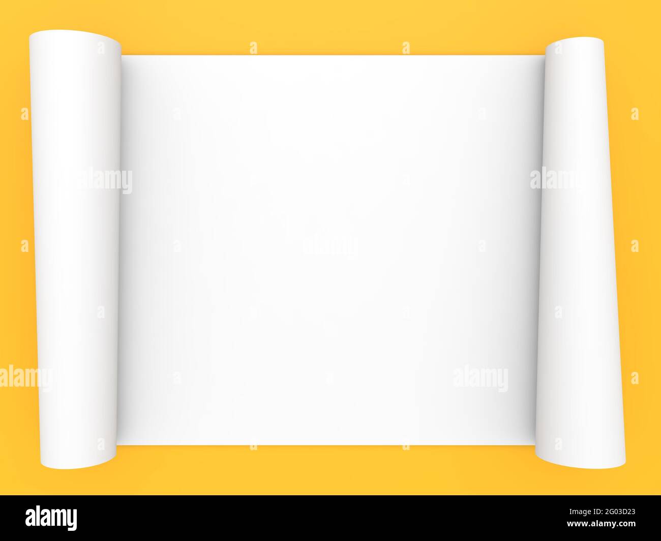 Rollenrolle aus weißem Papier auf gelbem Hintergrund. 3d-Renderdarstellung. Stockfoto