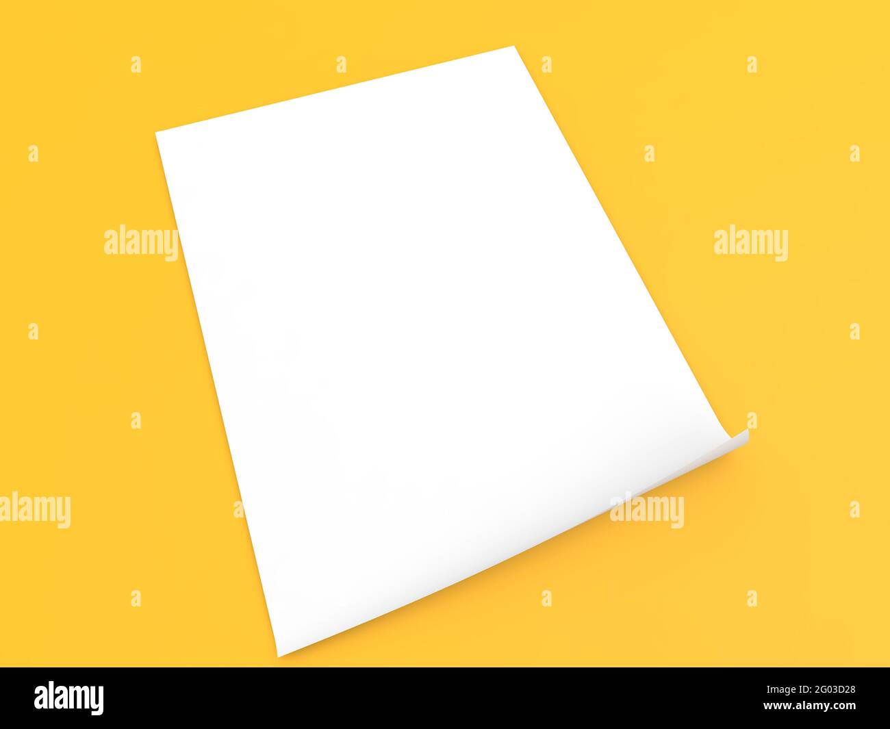A4 leeres Blatt Papier auf gelbem Hintergrund. 3d-Renderdarstellung. Stockfoto