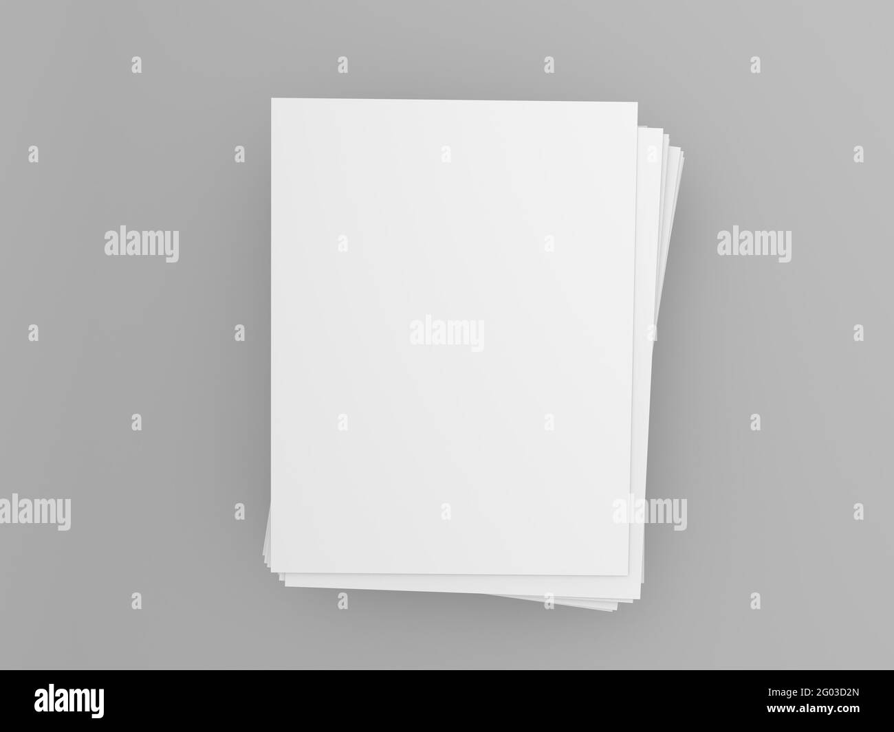 Stapel A4-Papier auf grauem Hintergrund. 3d-Renderdarstellung. Stockfoto